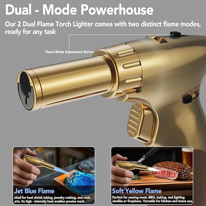 Sondiko DUAL Style Flame Butane Torch Lighter, Adjustable Flame Size Butane Lighter, Refillable Blow Torch with Continuous Flame Lock for Cooking, Butane Gas Is Not Included, Gold