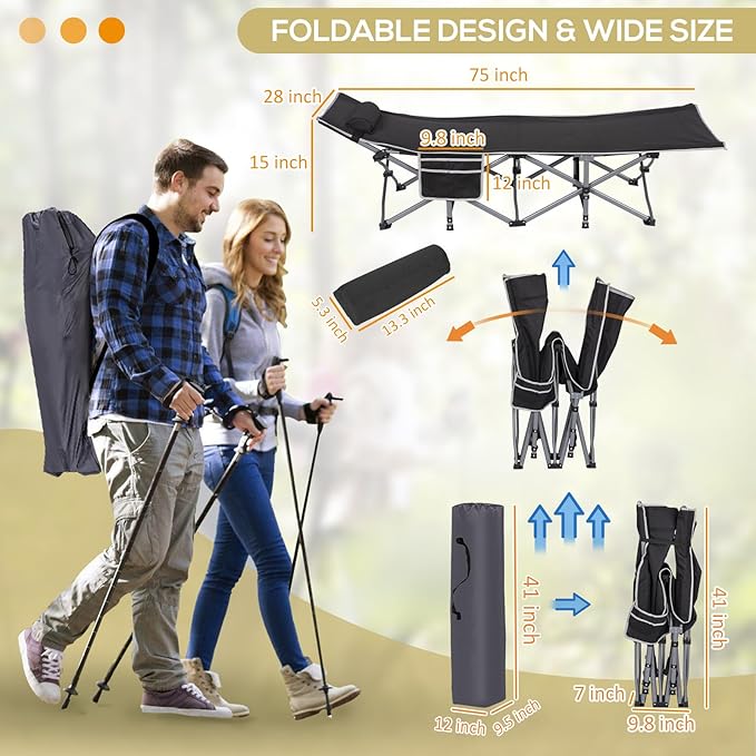 Folding Camping Cots with Pillow & Extra Thick Matress, Cots for Sleeping 900 LBS, Camping Bed for Adults with Cushion, Sleeping Cot (Black)
