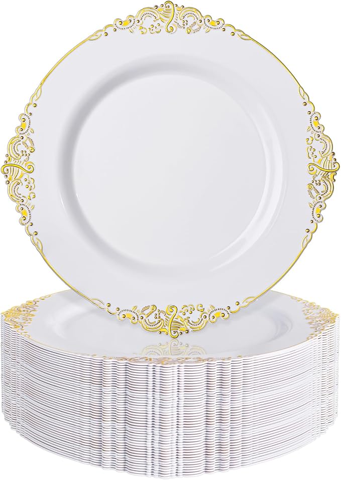 Nervure 100Pcs White and Gold Plastic Plates - 10.25Inch Gold Disposable Plates - Heavyweight Dinner Plate for Wedding & Party & Thanksgiving