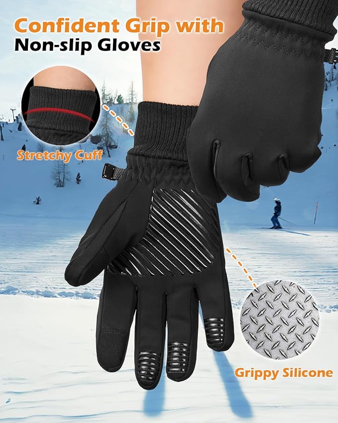 Winter Waterproof Gloves for Women: Water Proof Touch Screen Gloves for Men Running Hiking, Cold Weather Touchscreen Gloves for Phone Texting, Warm Snow Water Resistant Thermal Gloves Black