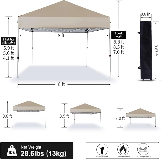 Canopy Tent 8X8 FT,Instant Pop Up Shelter w/Carry Bag,4 Ropes,Adjustable Straight Leg Heights,8X8 FT Top Shelter Tents for Parties,Garden,Commercial Event,Black