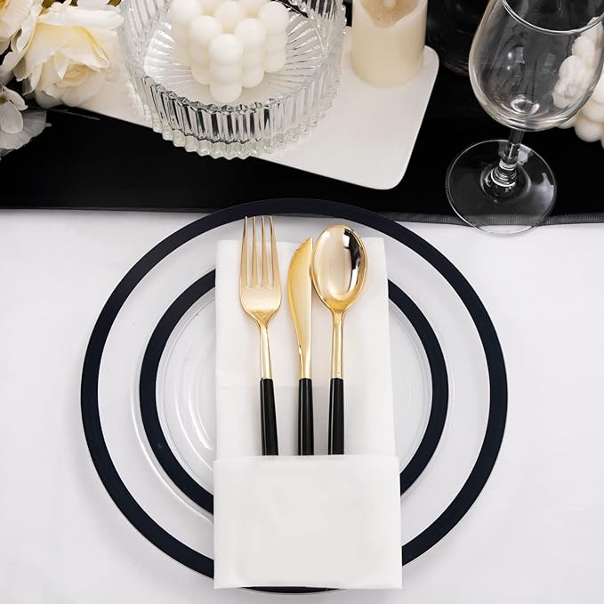 U-QE 120pcs Black Plates Disposable for Party - Clear Plastic Plates Disposable Heavy Duty - Include 60 10" Dinner and 60 7" Dessert Plate, Perfect for Halloween Party & Wedding