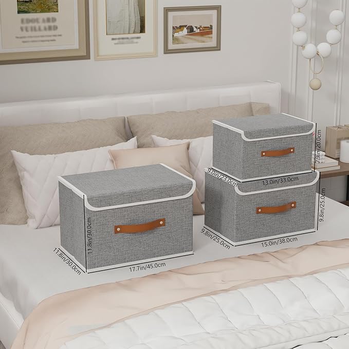 Yawinhe Storage Bins with Lids, Closet Baskets, Washable and Leather Handle, Collapsible Boxes for Home, Grey, 17.7''Lx11.8''Wx11.8''H, 3-Pack, USNK024GX-3