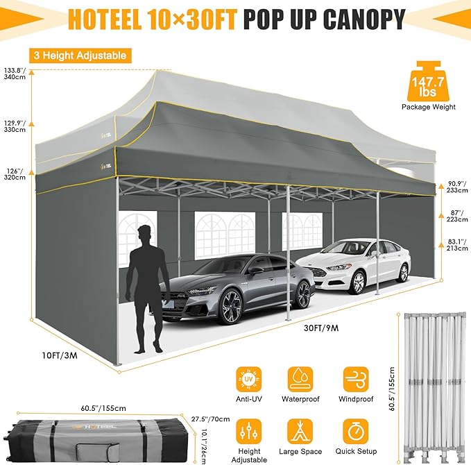 HOTEEL Tents for Parties 10x30 Heavy Duty Pop Up Canopy Tent with 5 Sidewalls&Wheeled Bag, Commercial Event Party Tent Wedding Instant Canopy Waterproof, UV 50+, Upgraded Thicked Hexagonal Legs, Gray