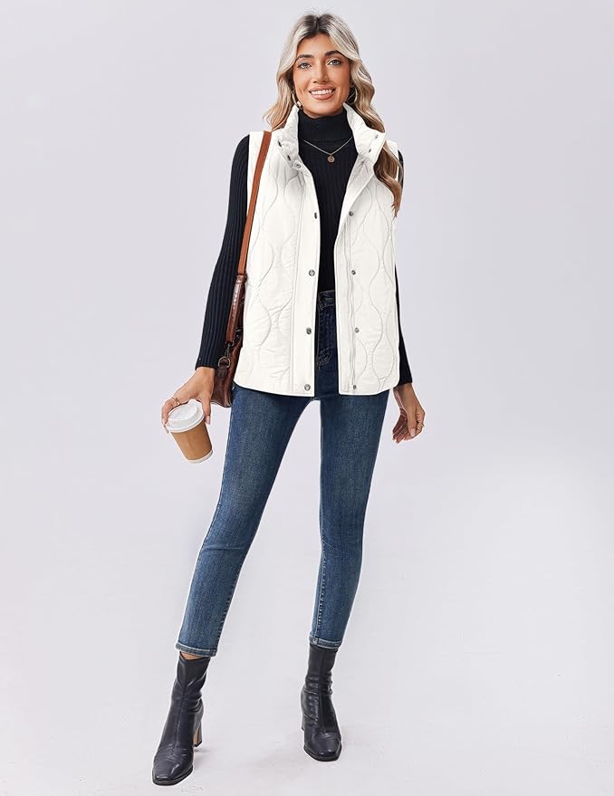 Zeagoo Puffer Vest Women Sleeveless Quilted Jacket Lightweight Snap Zip Up Stand-up Collar Down with Pockets Outerwear