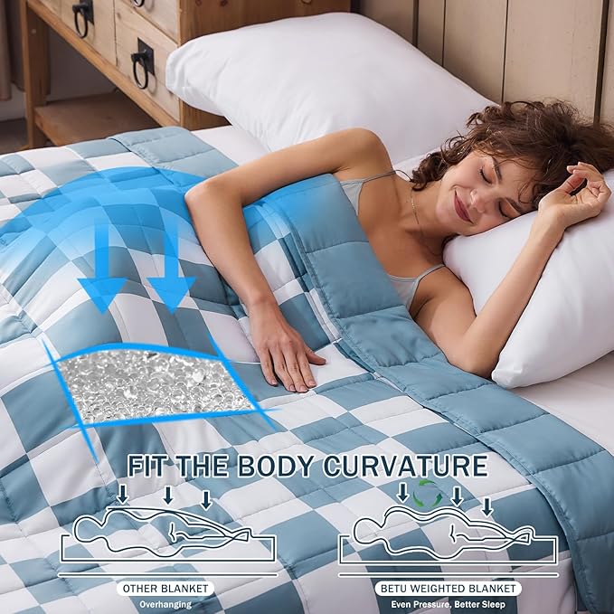 Blue Checkered Weighted Blanket for Adults 12lbs, 60"x80" Queen Size, Cooling Heavy Blanket for 110-130lbs with Premium Glass Beads, Soft Thick Big Blankets for All-Season Sleeping Comfort Breathable