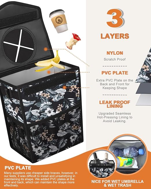 Car Trash Can with Lid, Cute Leakproof Car Trash Garbage Bag Hanging Vehicle Trash Bin Small Portable Automotive Garbage Cans Organizer for Back/Front Seat(Trapezoid,Black with Lily Print)