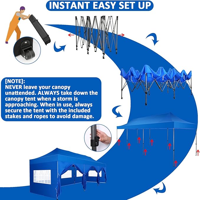 COBIZI 10x30 Pop Up Canopy with 8 Sidewall,Heavy Duty Canopy UPF 50+ All Season Wind Waterproof Commercial Outdoor Wedding Party Tents for Parties Canopy Gazebo with Roller Bag(10 x 30 ft Blue)
