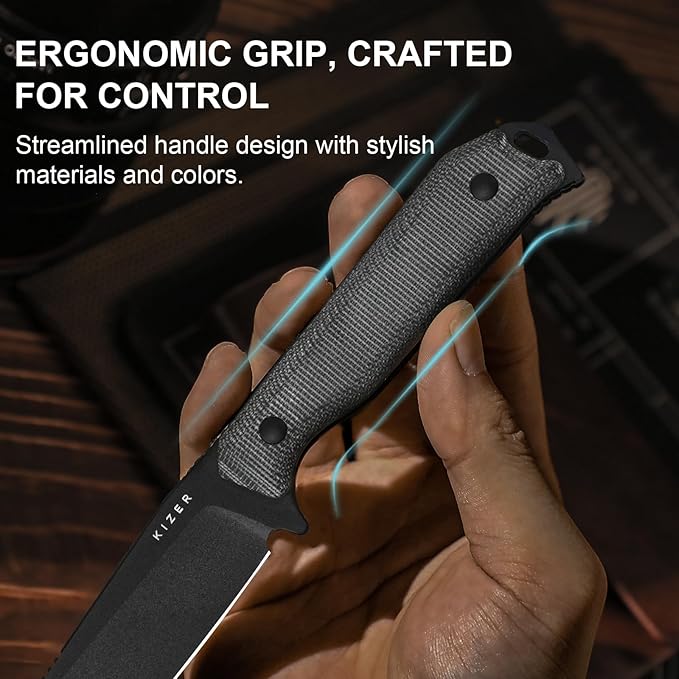 Kizer Begleiter Fix Fixed Blade Knife, 3.75" Sheepsfoot 3V Blade Hunting Knives with Kydex Sheath, Black Micarta Handle EDC Knife for Camping Hunting Survival 1045MS1