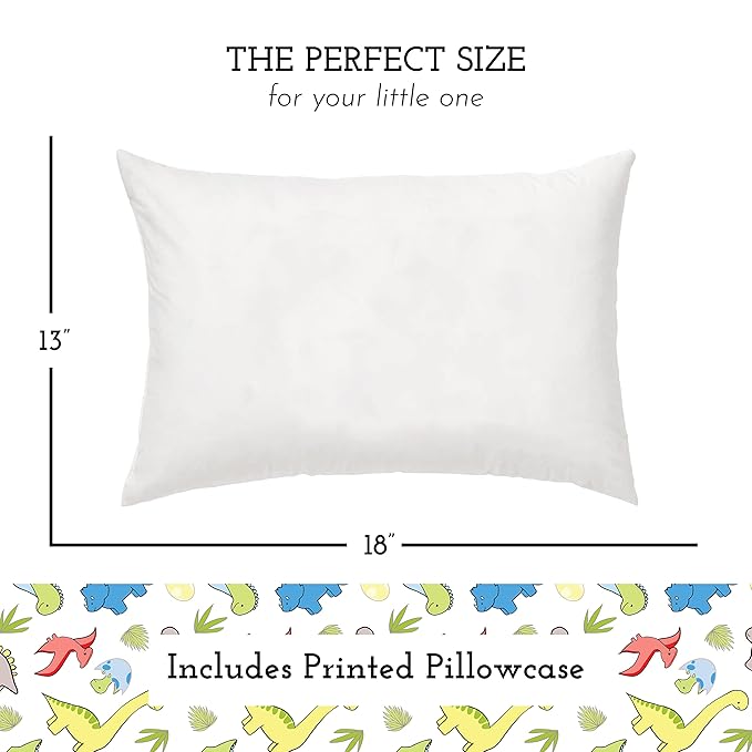 Little Sleepy Head Toddler Pillow with Pillowcase 13x18 - Kids Pillow for Sleeping - Better Neck Support Ergonomic Pillow and Toddler Pillowcase - Best Pillows for Kids (Dinosaurs White)