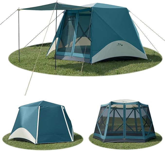 Instant Tents for Camping Pop Up Screen Tent with Floor, 6 Person Large Family Camping Tent with Rainfly and Porch, Easy 60S Setup Hub Tent for Outdoor Picnic Backyard, 11.5'L x 10'W x 6.83'H