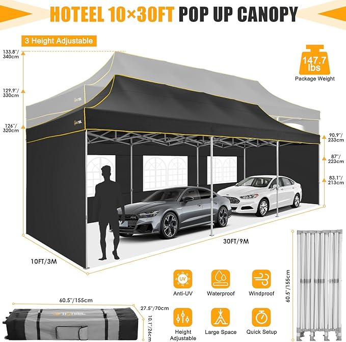 HOTEEL Tents for Parties 10x30 Heavy Duty Pop Up Canopy Tent with 5 Sidewalls&Wheeled Bag, Commercial Event Party Tent Wedding Instant Canopy Waterproof, UV 50+, Upgraded Thicked Hexagonal Legs, Black