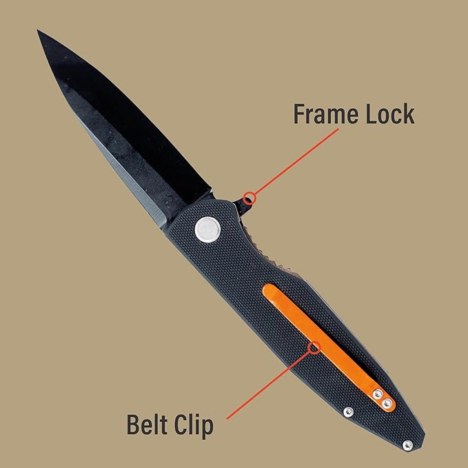 Folding Blade Pocket Knife, 3.6" 3cr13 Steel Blade, EDC Knife with G10 Handle, and Belt Clip for Camping, Survival and Backpacking - Black
