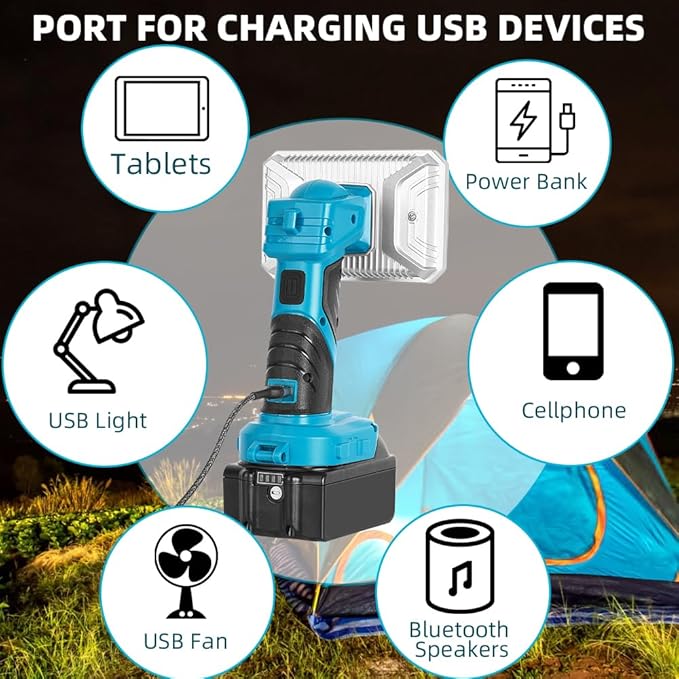 18W Cordless 2000LM LED Flashlight for Makita 18V Lithium-ion Battery, 5" Zinc Alloy Handheld Work Light with USB Charger Port for Camping, Hiking, Climbing, Job Site, Indoor & Outdoor Use