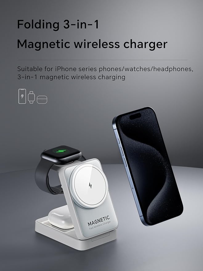 2025 Upgraded 3-in-1 Wireless Charger for iPhone,Travel Magnetic Charger Stand Nightlight Foldable Wireless Charging Station Compatible with Magsafe Charger&iPhone 16/15/14/13/12,Apple Watch&AirPods