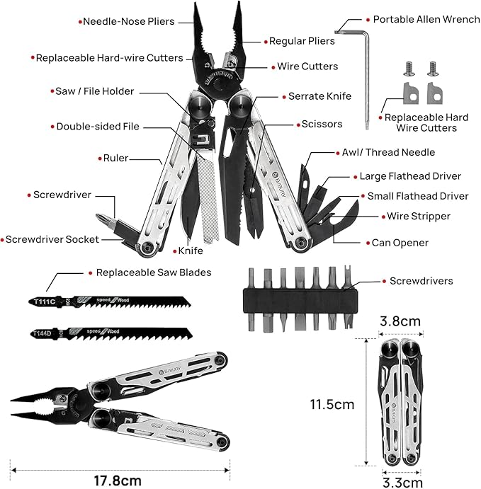 BIBURY Multitool Pliers Pro BI2045, Stainless Steel 31-in-1 Multi Tool Pliers with Replaceable Wire Cutters and Saw,Foldable Multitools with Scissors and Screwdriver, Ideal for Camping,Survival,Repair