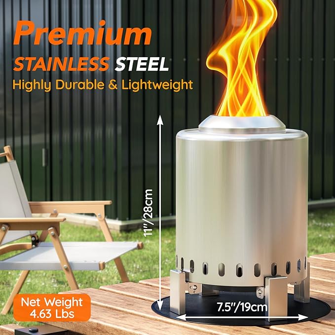 Mini Smokeless Tabletop Fire Pit with Pan Stand, Portable Stainless Steel Firepit Stove for Camping, Burns Pellets or Wood, Includes Travel Bag, Silver