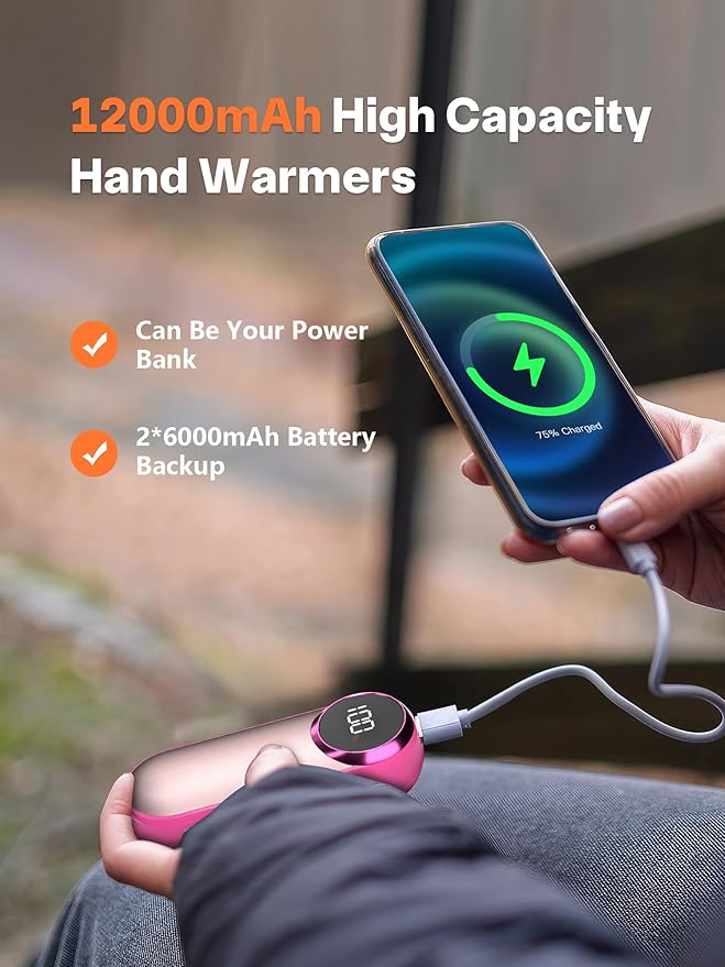 Hand Warmers Rechargeable,12000mAh Electric Hand Warmers with Light, 2 Pack Pocket Hot Hands Reusable Up to 20 Hours, Double Sided Heat Portable Heater for Hunting, Camping Gear, Stocking Stuffers