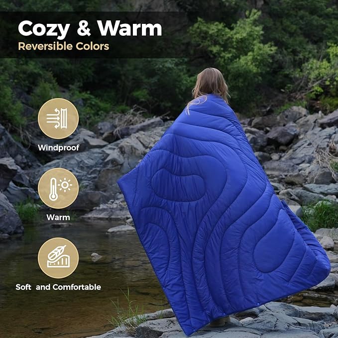 KingCamp Ultralight Camping Blanket, Packable Down Alternative Puffy Wearable Blankets Weatherproof Warm Package Quilt with Snap Buttons & Corner Loops for Outdoor Travel Stadium (69"L x 53"W, NAVY)