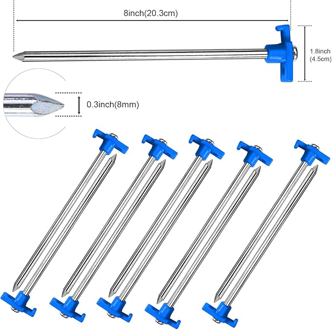 ABCCANOPY 8 Inch Tent Stakes 10 Pcs Non-Rust Metal Ground Anchors, Heavy Duty Spikes with 4 Ropes for Outdoor Camping, Blue
