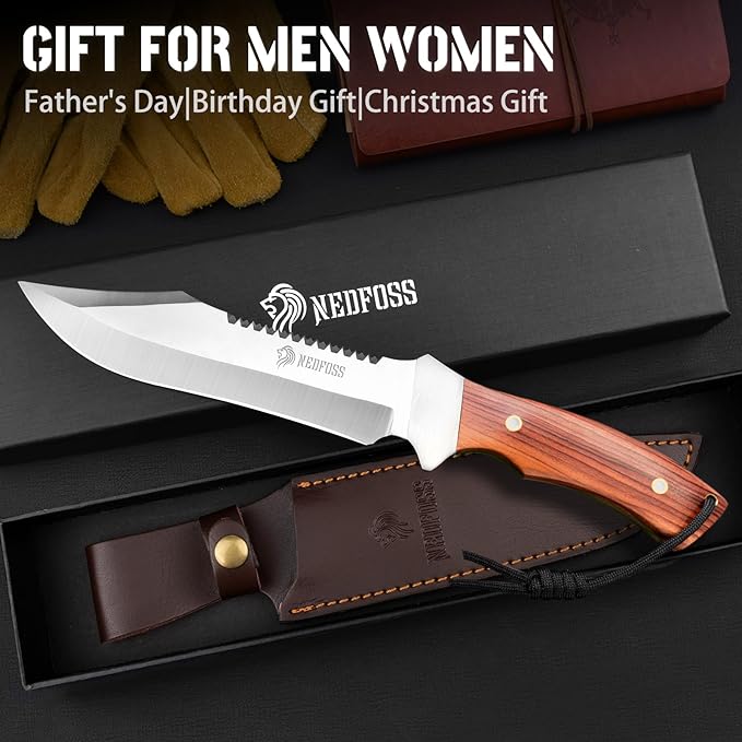 NedFoss 13" Survival Knife with Sheath, 7" Large Blade Camping Knives with Rosewood Handle, Full Tang Bowie Fixed Blade Hunting Knife, Outdoor Bushcraft Gifts for Men Women