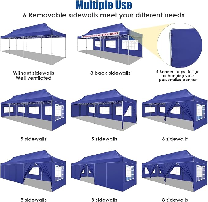 HOTEEL 10x30 Pop up Canopy Tent for Parties, Heavy Duty Easy Setup Tent with 8 Sidewalls, Outdoor Commercial Instant Gazebo for Wedding Event, with Portable Bag & Sand Bags, Dark Blue(Hexagonal Frame)