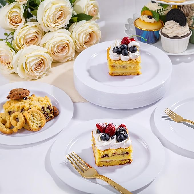 WELLIFE 100PCS White Plastic Dessert Plates and 100PCS Gold Disposable Forks, Premium Hard Dessert Plate 7.5”, Appetizer Plastic Plates for Party and Wedding