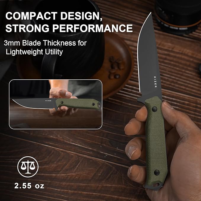 Kizer Begleiter Fix Fixed Blade Knife, 3.78" Drop Point D2 Blade Hunting Knives with Kydex Sheath, Green Micarta Handle EDC Knife for Camping Hunting Survival 1045MD3