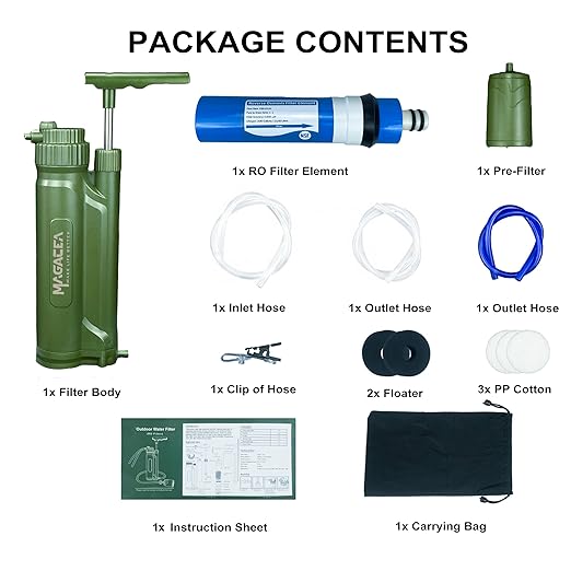 Portable Water Filter, Survival Pump Water Purification, with RO Membrane (0.0001 Micron)—Removing 99.999% of The Tested microorganisms—for Hiking, Camping, Emergency, and Outdoor Activities.