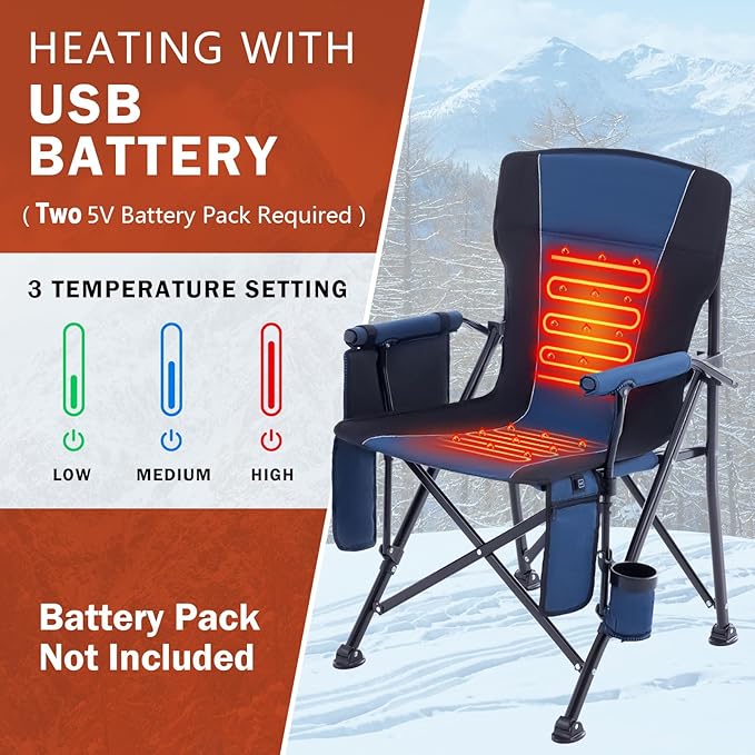 Heated Camping Chair Portable for Outdoor Sports Heavy Duty Heated Folding Lawn Chair Support 400lbs, Collapsible Heated Seat with Cup Holder&Carry Bag for Outside, Navy(2 Battery Pack Required)