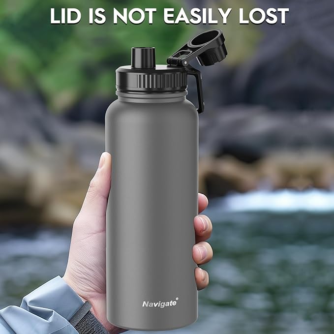 Navigate 40 oz Insulated Stainless Steel Sports Water Bottle with Spout & Handle Lids,Wide Mouth Water Jug with Double Walled Leak Proof Keep Cold for 24 Hrs Hot for 12 Hrs,Grey