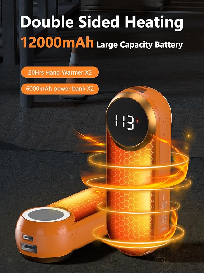 Hand Warmers Rechargeable,12000mAh Electric Hand Warmers with Light, 2 Pack Pocket Hot Hands Reusable Up to 20 Hours, Double Sided Heat Portable Heater for Hunting, Camping Gear, Stocking Stuffers