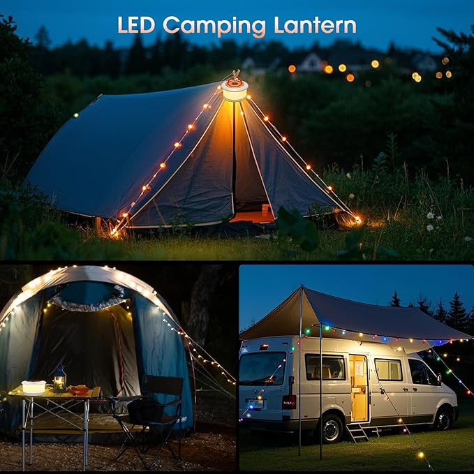 2 Pack Camping Lights String - 2 in 1 Upgraded 32.8ft Rechargeable 19 Lighting Modes Tent Lights for Camping, Quick Storage&Portable LED Lamp for Outdoor Patio Awning Garden Party Decor Essentials