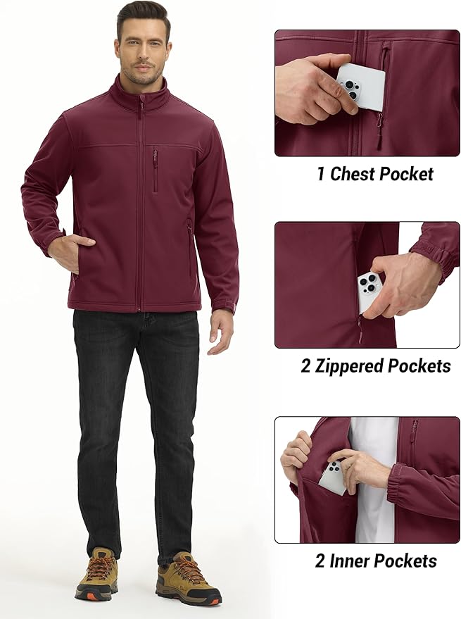 TACVASEN Men's Lightweight Softshell Jacket Fleece Lined Waterproof Tactical Rain Zip Up Winter Coat Windbreaker Casual