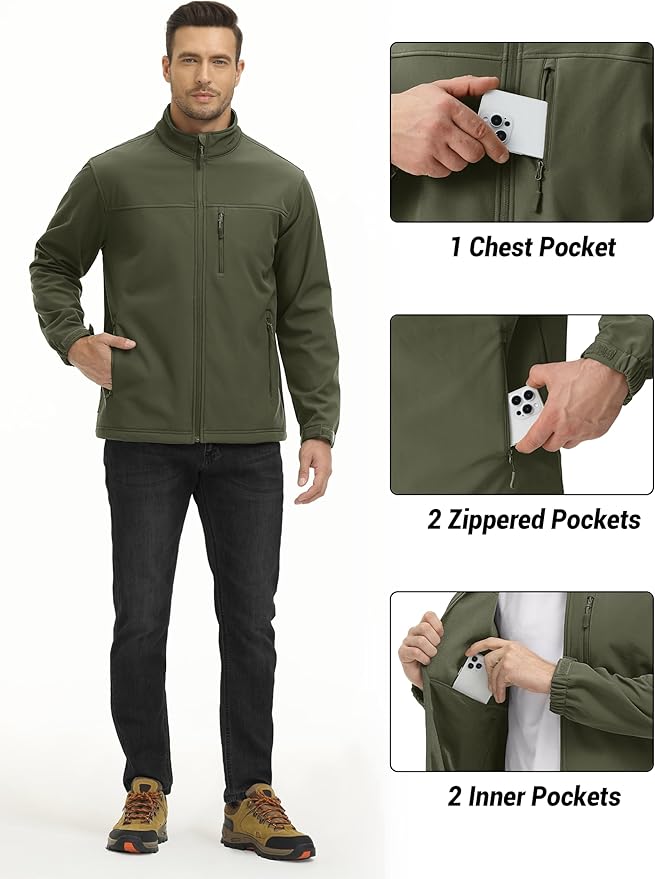 TACVASEN Men's Lightweight Softshell Jacket Fleece Lined Waterproof Tactical Rain Zip Up Winter Coat Windbreaker Casual