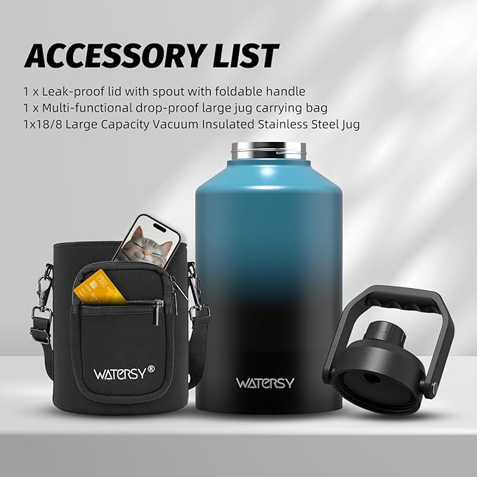 1.5 Gallon Water Bottle Insulated(Cold for 48 Hrs),BPA Free&Leak Proof,196oz Stainless Steel Water Jug,Big thermos,Large Water Bottle with Handle for Gym,Hiking,Camping&Travel,Lake Blue