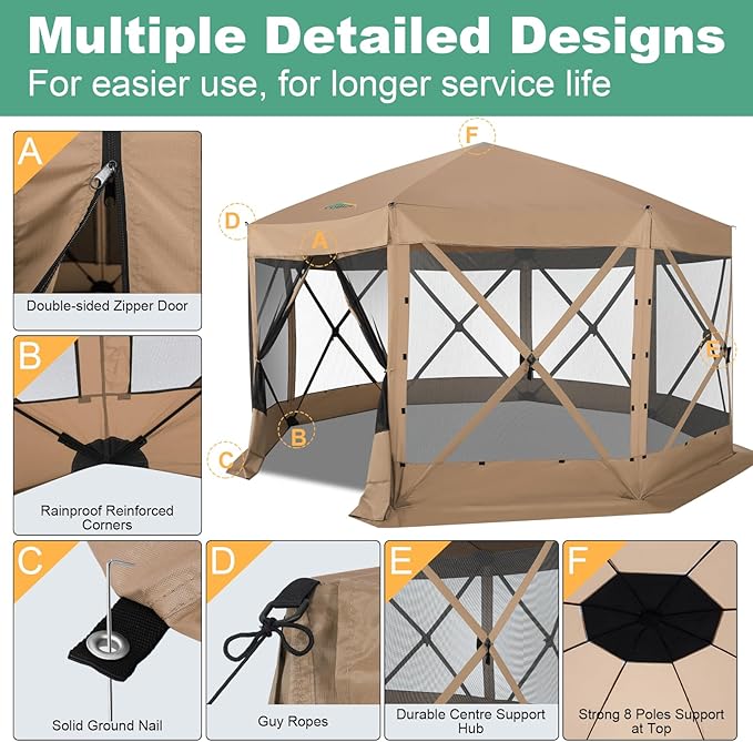 COBIZI 15x15ft Extra Large Pop Up Gazebo Canopy Tent with Mosquito Netting, Spacious Easy Set Up Screened Shelter, Durable Outdoor Pavilion with Ground Stakes, Perfect for Patio, Backyard,Khaki