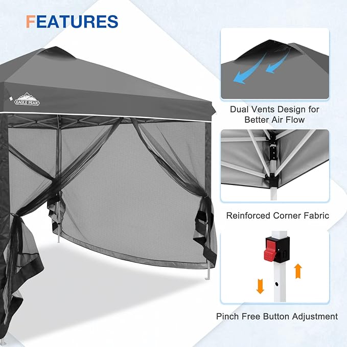 EAGLE PEAK 10x10 Outdoor Easy Pop up Canopy with Netting, Instant Screen Party Tent with Mesh Side Walls, Gray