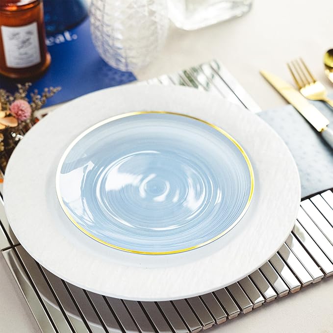 100PCS Transparent Blue Gold Plastic Plates, 7 Inch Heavy Duty Disposable Dessert Plate with Gold Rim, Round Appetizer/Salad Plates for Wedding, Party, Camping, Picnic