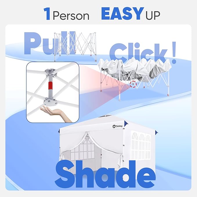 Sekey 10x10 Pop Up Canopy with 4 Sidewalls, One Push Setup Instant Outdoor Gazebo, Instant Easy Up Canopy with UPF50+ Top, 4 Weight Bags for Events, Beach, Patio, Camping