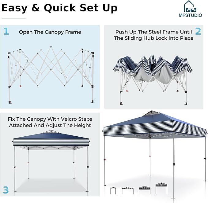 MFSTUDIO 10x10 Pop Up Canopy Tent, Gazebo Shelter Sun Shade Canopies Waterproof Patio Portable Popup Tents for Beach,Parties,Camping,100 Sq,Blue Stripe