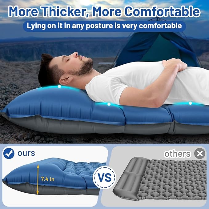 Double Sleeping Pad, 6" Extra Thick Portable Camping Sleeping Pad with Pillows & Built-in Foot Pump, Ultralight Camping Mat for Backpacking, Hiking, Traveling, Tent, Car Camp Gear