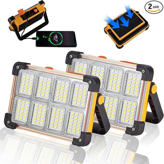 2 Pack 120W Solar Rechargeable Work Light, 144 LED 10000LM Portable Flood Light with Stand, IP66 Waterproof 4 Modes LED Job Site Lighting Flashlights for Mechanic Camping Fishing Car Repair