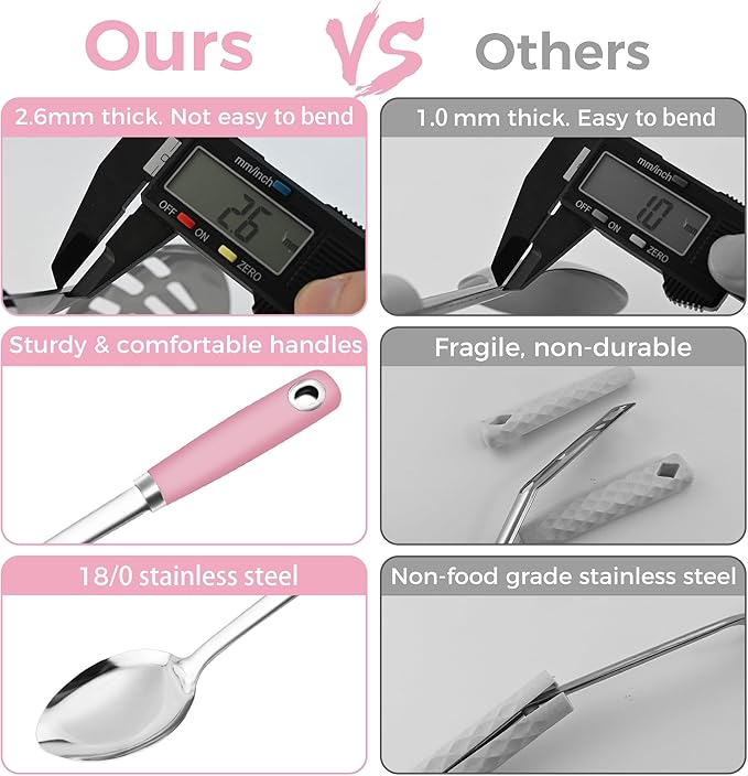 14-in Pink Cooking Spoons Set, Heavy Duty 18/0 Stainless Steel Large Serving Spoons Set, Slotted Spoon, Cooking Spoon & Soup Ladle, Commercial and Residential Use, Pack of 3