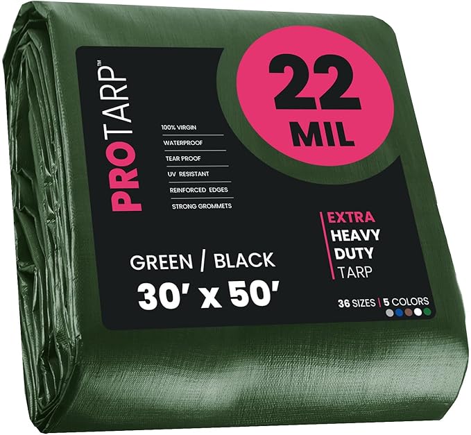 PROTARP Extreme Heavy Duty 22 Mil Tarp Cover, Waterproof, UV Resistant, Rip and Tear Proof, Poly Tarpaulin with Reinforced Edges for Roof, Camping, Patio, Pool, Boat. (Green/Black 30′ X 50′)
