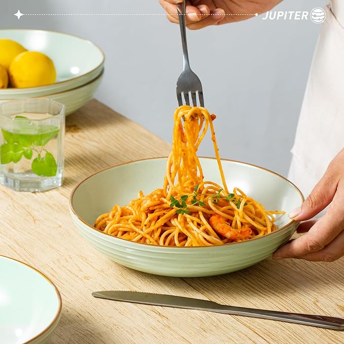famiware Jupiter Pasta Bowls, 30 OZ Large Salad Bowls Set of 4, Microwave and Dishwasher Safe, Sturdy & Stackable, Serving Bowls for Kitchen, Light Green