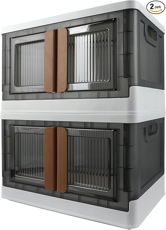 Storage Bin, Cabinet with Lids, Home Organizer, Single 8.4 Gallon Capacity, 2 Pack, With Double Door, Bottom Wheels, Foldable, Transparent, Dustproof