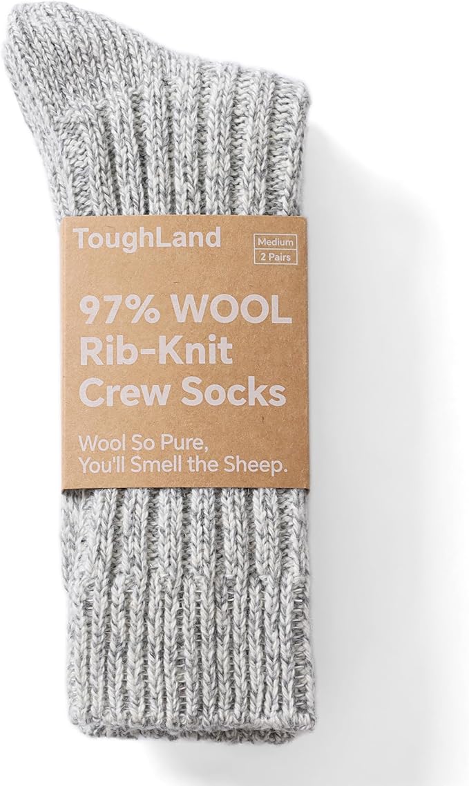 Tough Land 97% Merino Wool Crew Socks for Men & Women 2 Pairs – Classic Rib, Thick Wool Socks for Hiking, Work, Ski