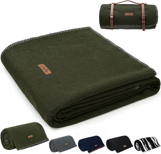 100% Wool Blanket, 48" x 62", Warm, Thick, Washable, Military Wool Blanket, Great for Camping, Outdoors, Sporting Events, Survival Kits,Olive Green