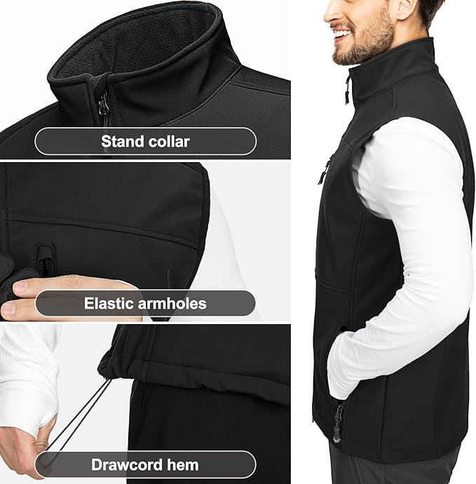 33,000ft Men's Lightweight Softshell Vest Outerwear Zip Up Fleece Lined Windproof Sleeveless Jacket for Golf Running Hiking